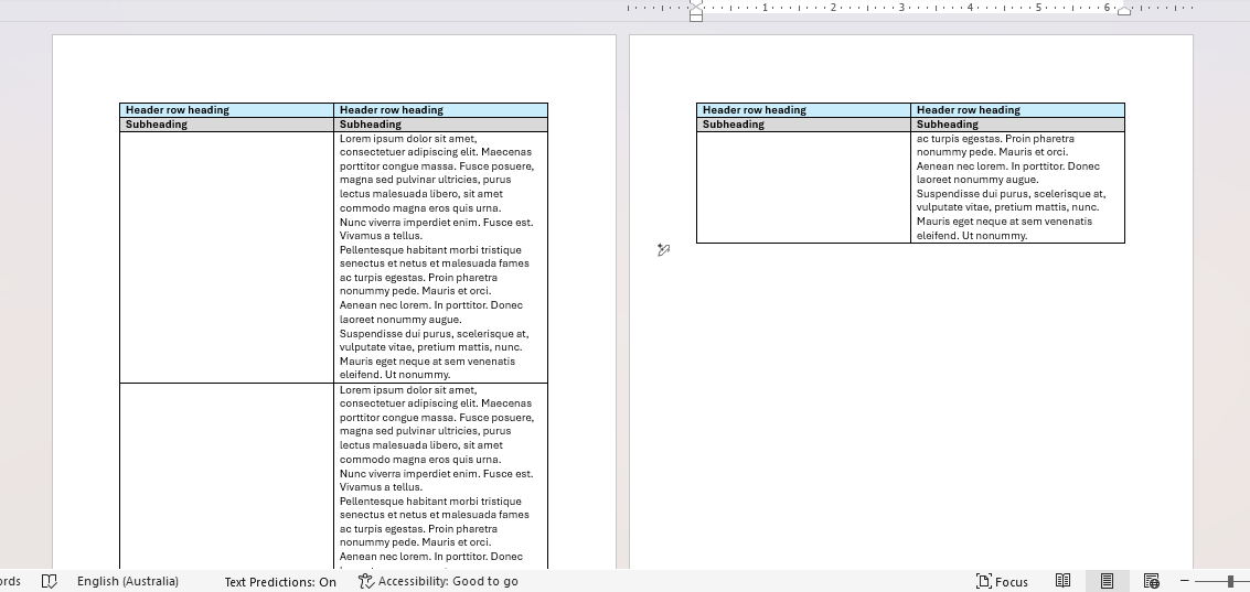 Header row and subheading row repeated over multiple pages